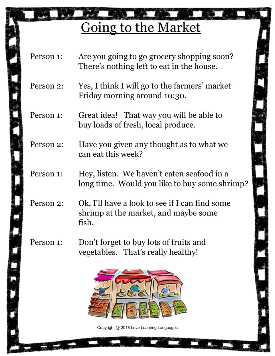 Food and groceries skit 1: two people plan a farmers’ market trip to buy shrimp, fish, fruits, and vegetables