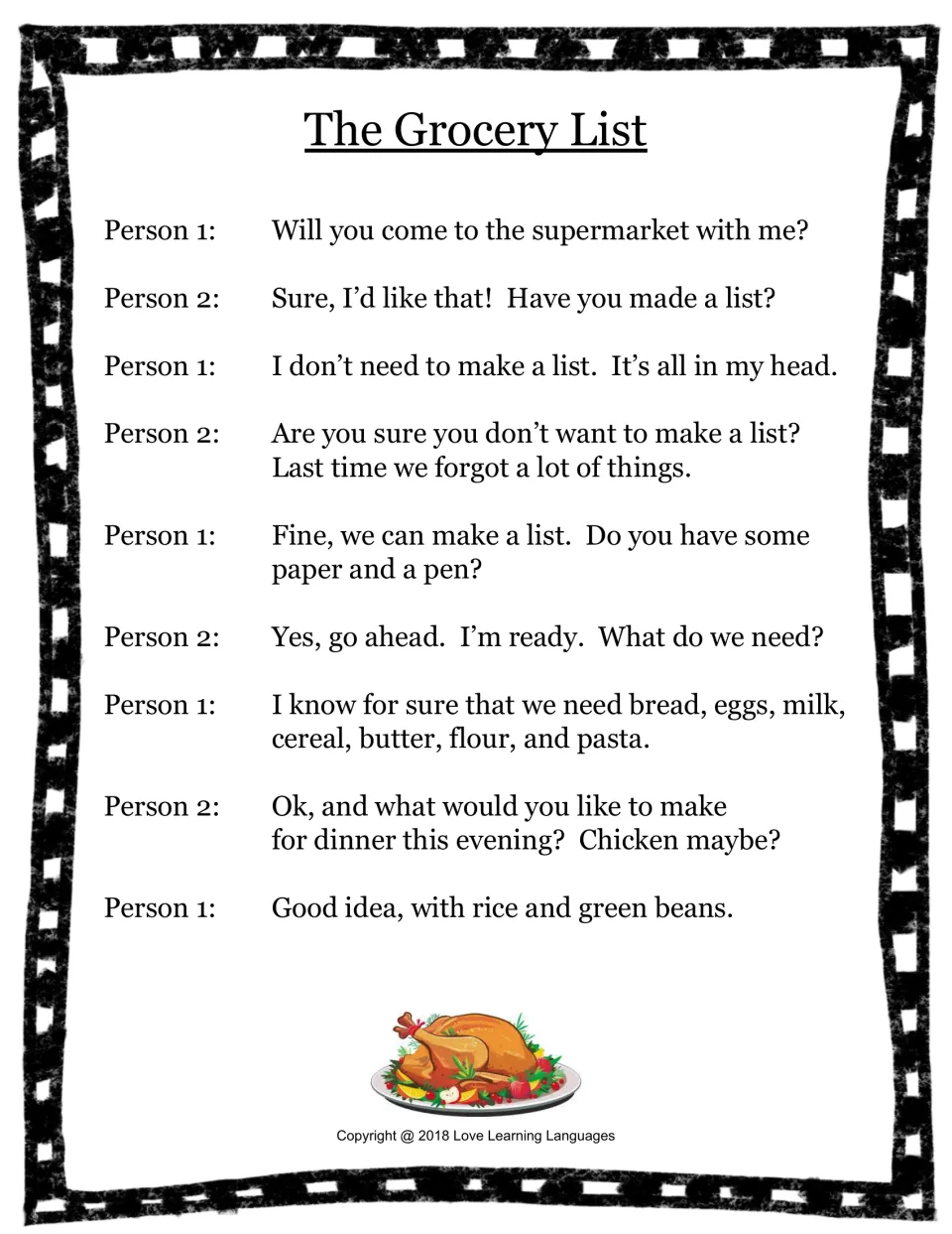 Food and groceries skit 2: two people make a grocery list and plan a dinner of chicken, rice, and green beans