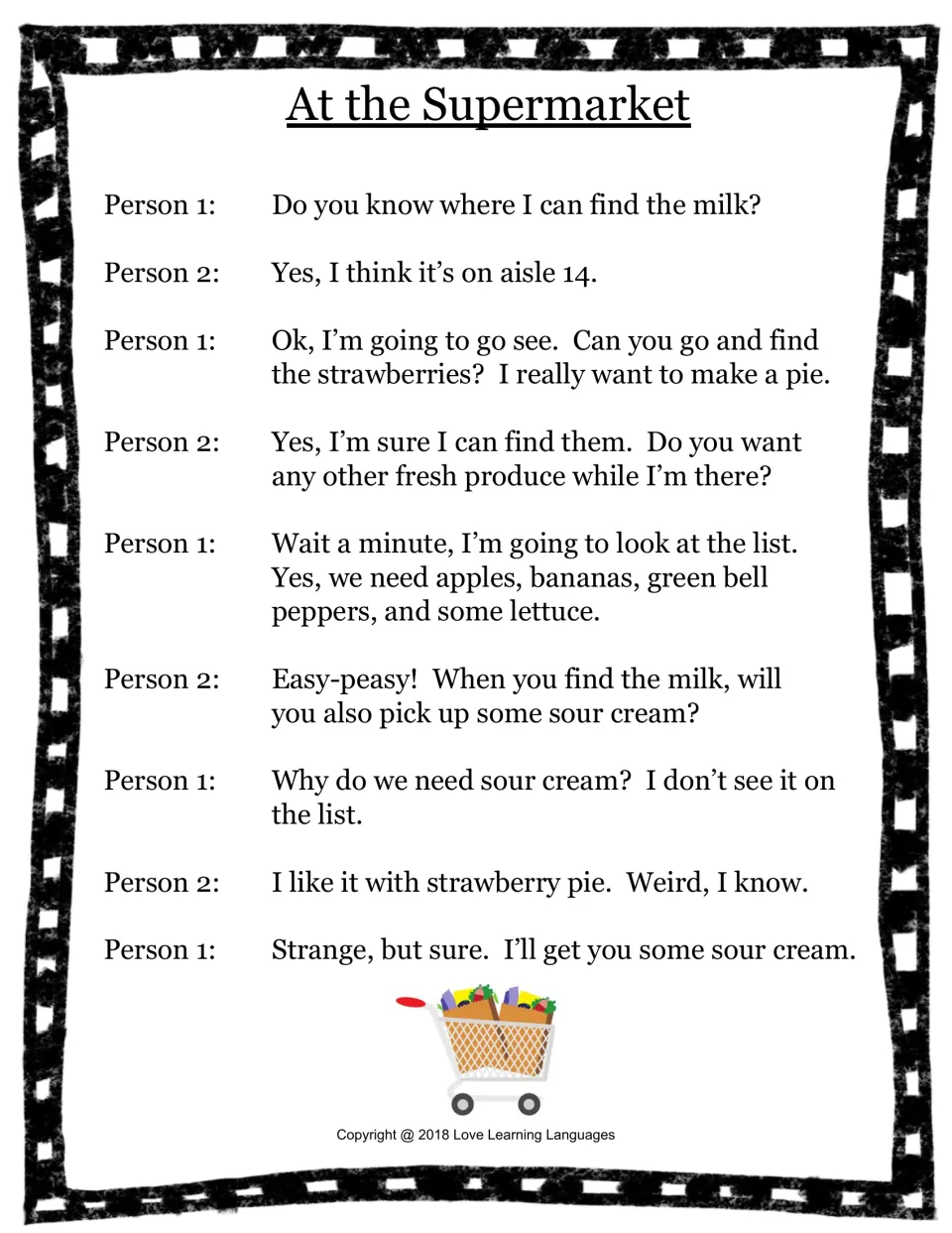 Food and groceries skit 3: two shoppers look for milk and strawberries and discuss sour cream for strawberry pie