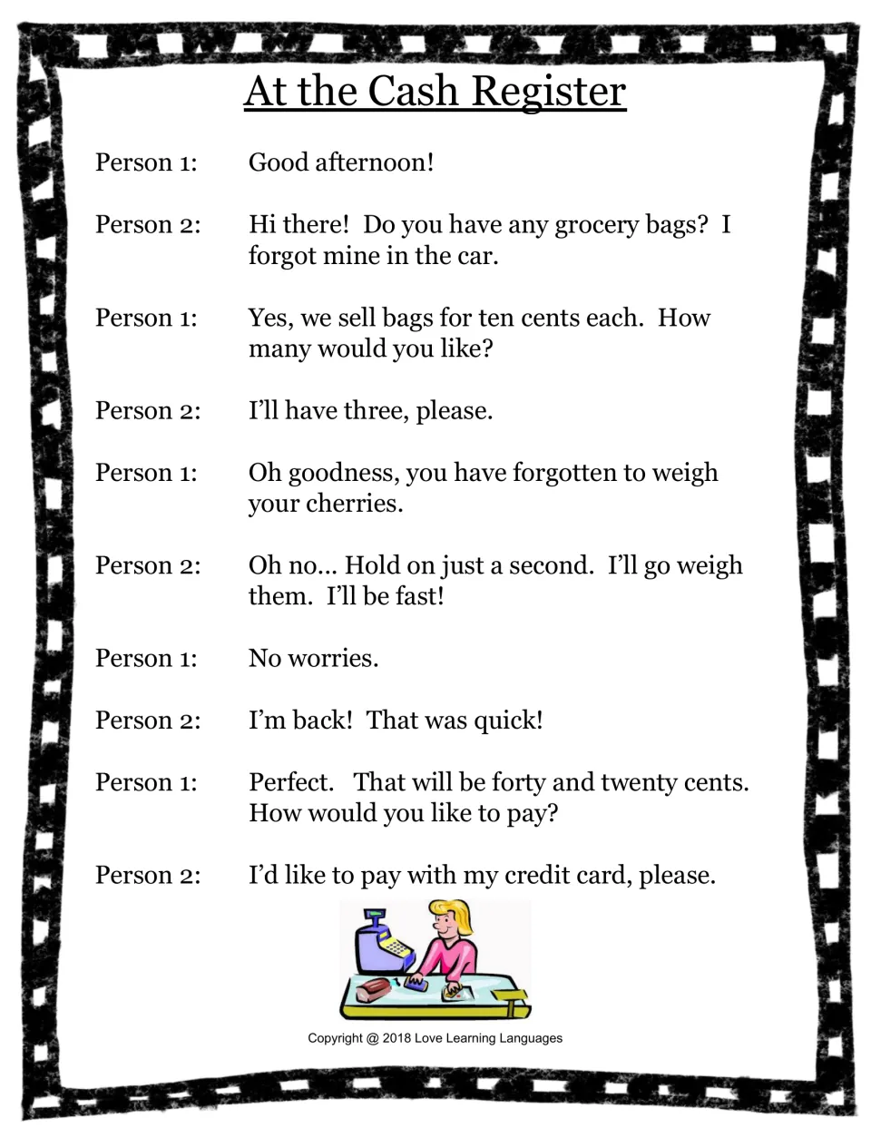 Food and groceries skit 4: a shopper buys three grocery bags, weighs cherries, and pays with a credit card