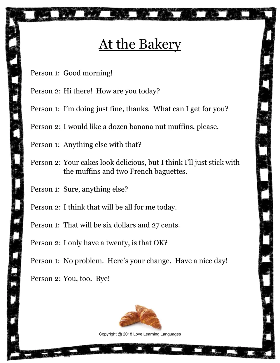 Food and groceries skit 5: a bakery customer orders a dozen banana nut muffins and two French baguettes