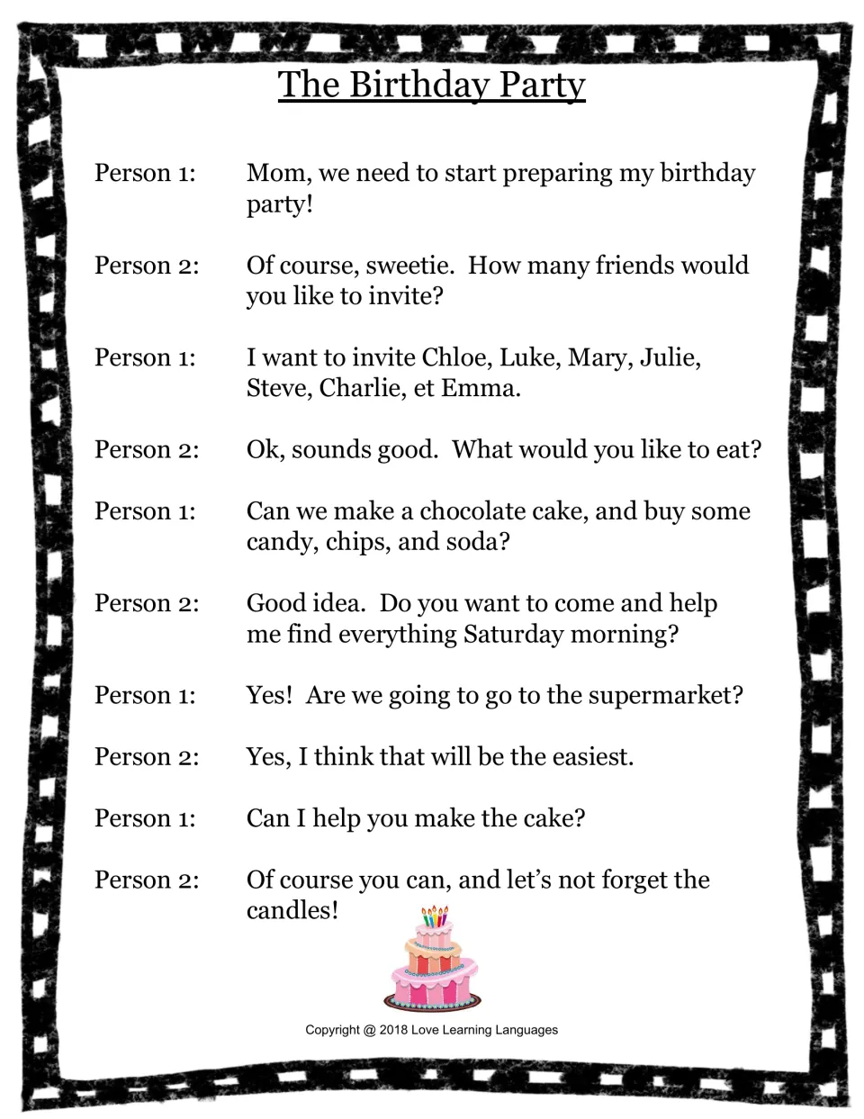 Food and groceries skit 6: a child and mother plan birthday party shopping for cake, candy, chips, and soda