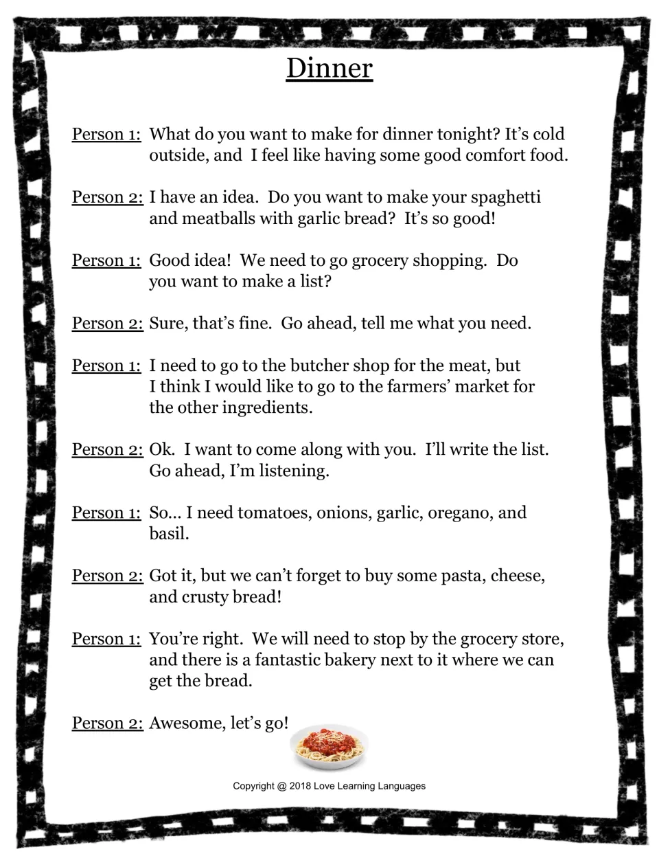 Food and groceries skit 8: two people plan spaghetti and meatballs with garlic bread and list ingredients to buy