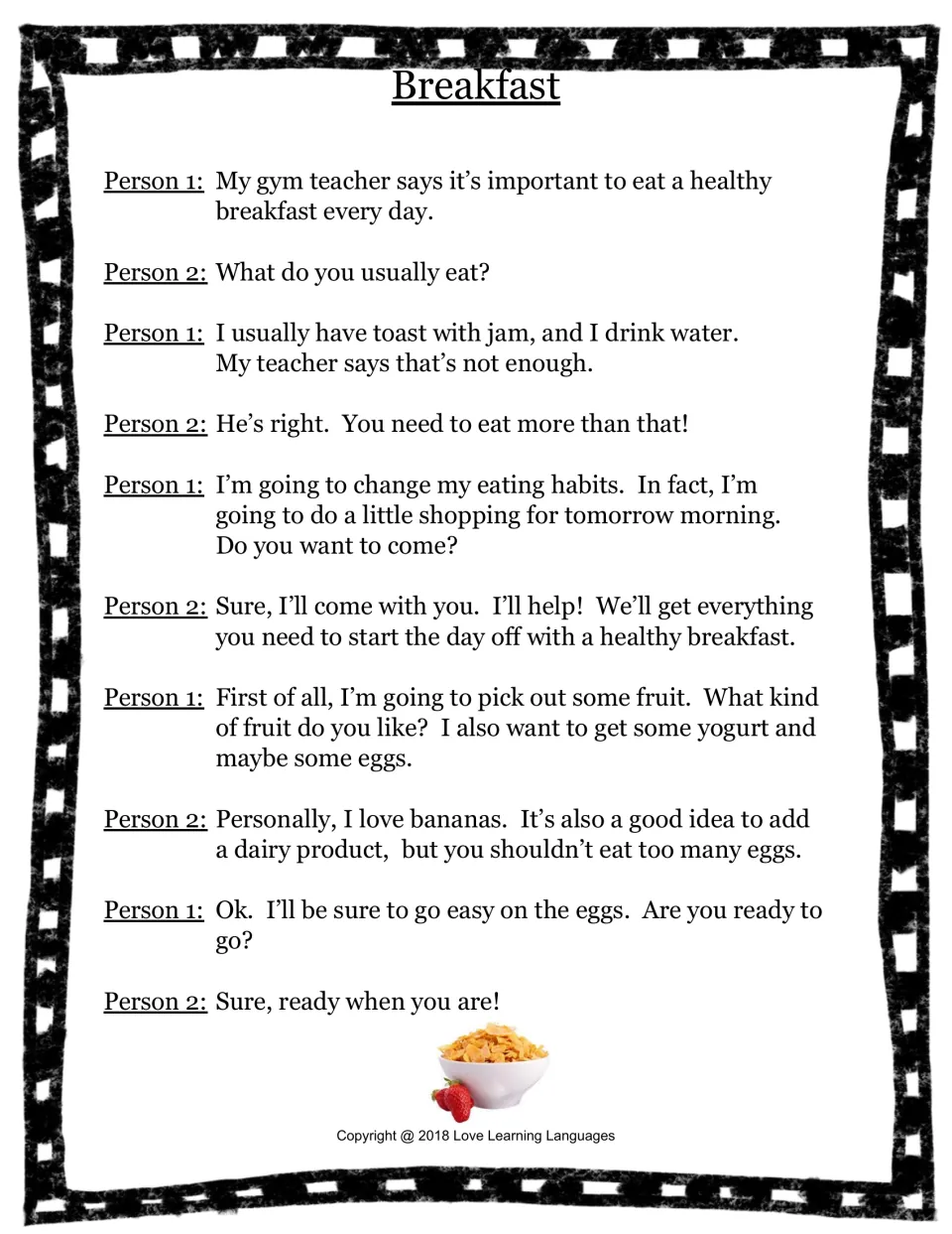 Food and groceries skit 9: two people discuss breakfast habits and plan to shop for fruit, yogurt, and eggs
