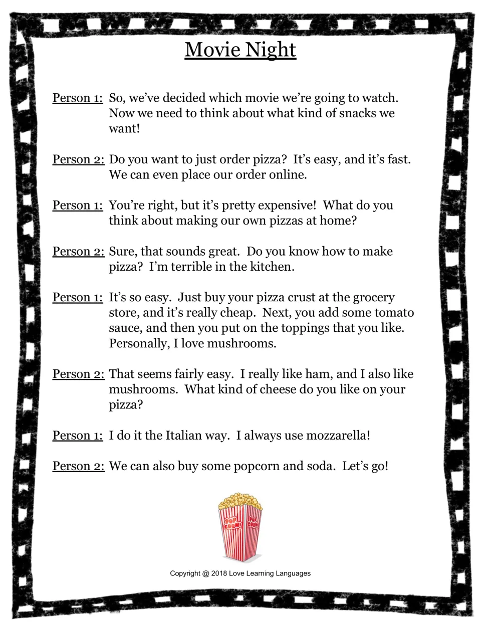 Food and groceries skit 10: two people plan homemade pizzas with mushrooms, ham, and mozzarella for movie night