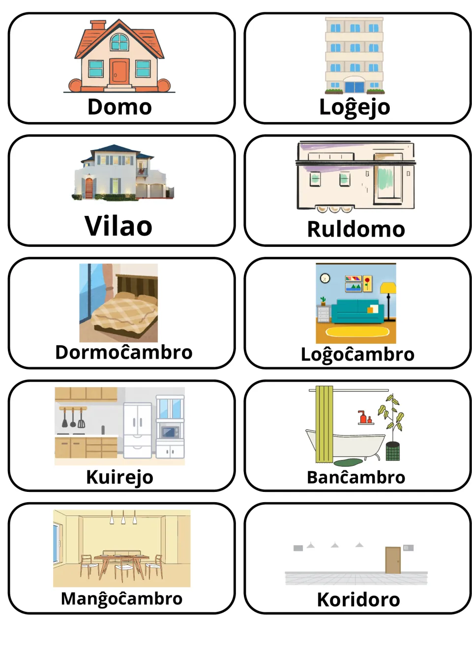 Esperanto flashcards 1–10: Domo (house), Vilao (villa), Kuirejo (kitchen) and seven more home vocabulary cards