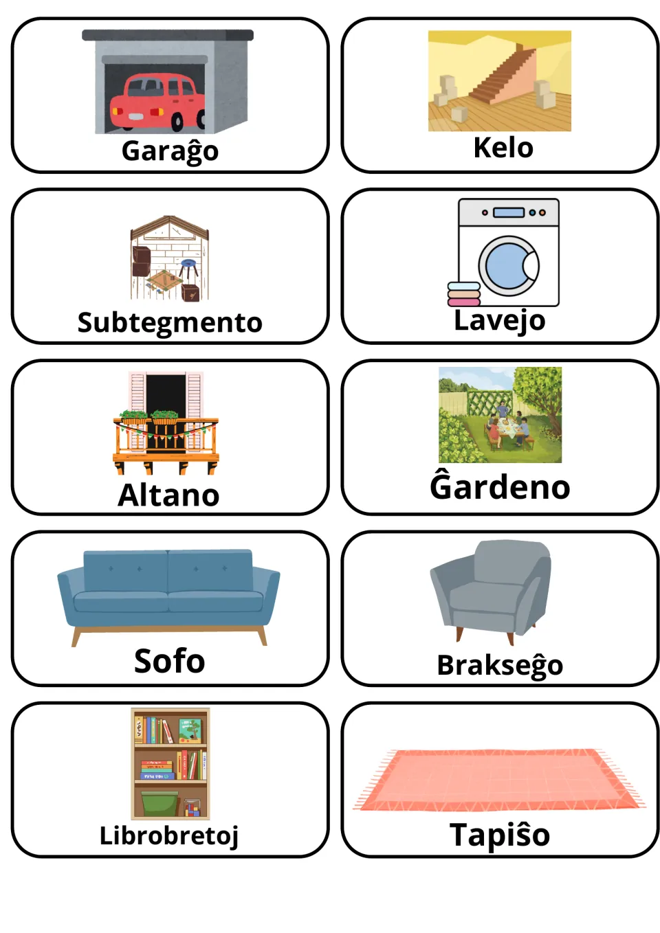 Esperanto flashcards 11–20: Garaĝo (garage), Kelo (basement), Sofo (sofa) and seven more illustrated words