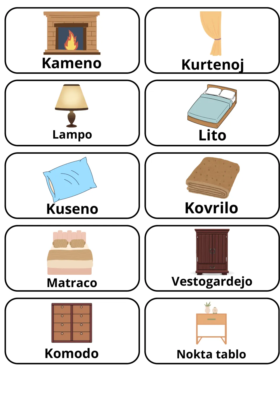 Esperanto flashcards 21–30: Kameno (fireplace), Lampo (lamp), Lito (bed) and seven more home vocabulary cards