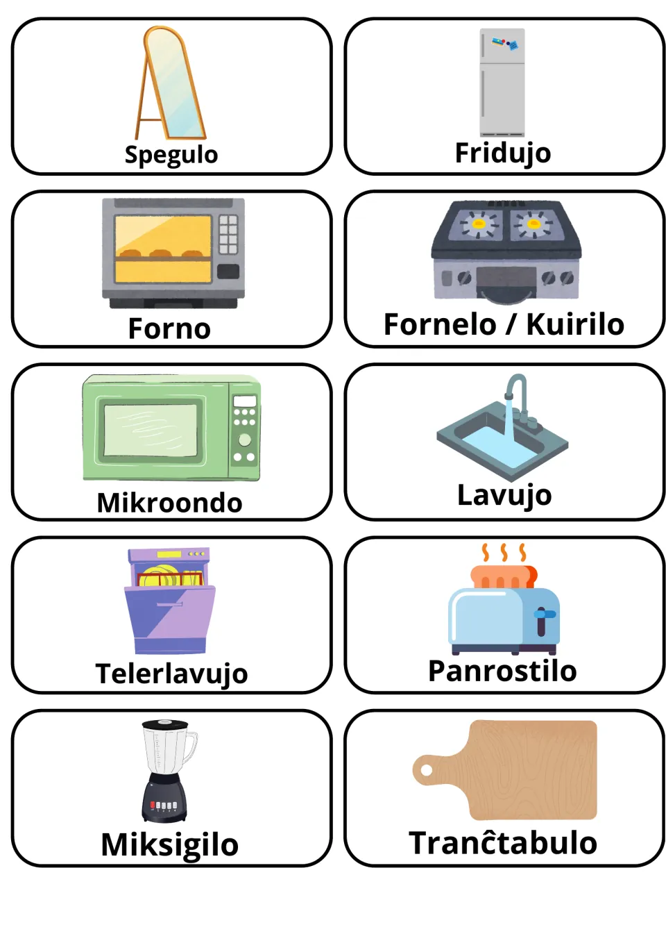 Esperanto flashcards 31–40: Spegulo (mirror), Fridujo (refrigerator), Forno (oven) and seven more cards