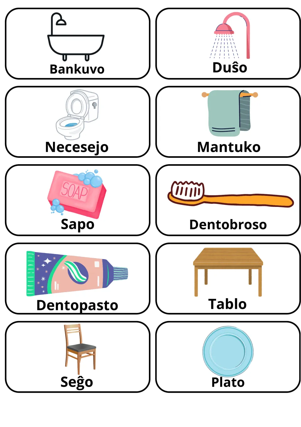 Esperanto flashcards 41–50: Bankuvo (bathtub), Duŝo (shower), Sapo (soap) and seven more household words
