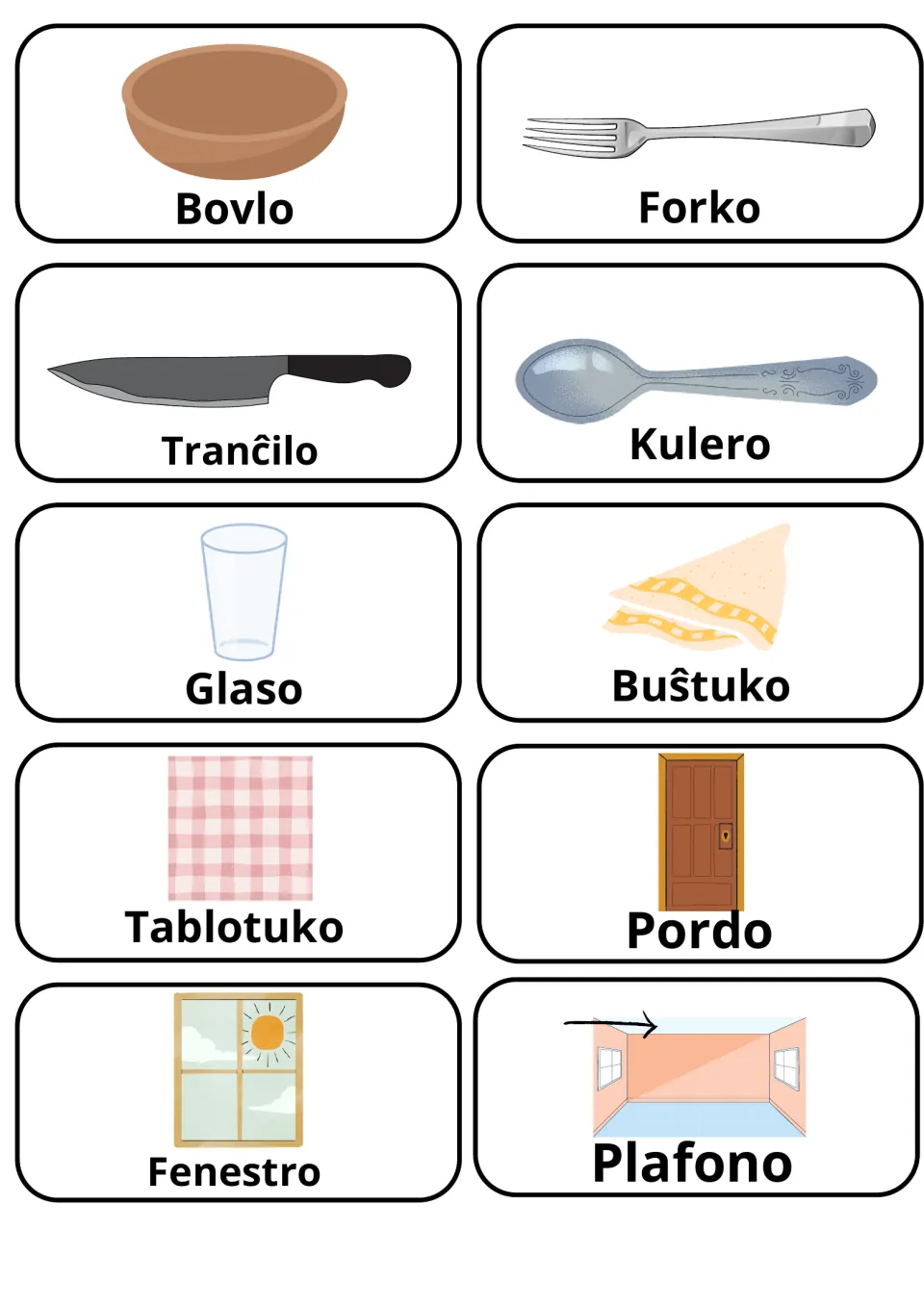 Esperanto flashcards 51–60: Bovlo (bowl), Forko (fork), Pordo (door) and seven more illustrated home words