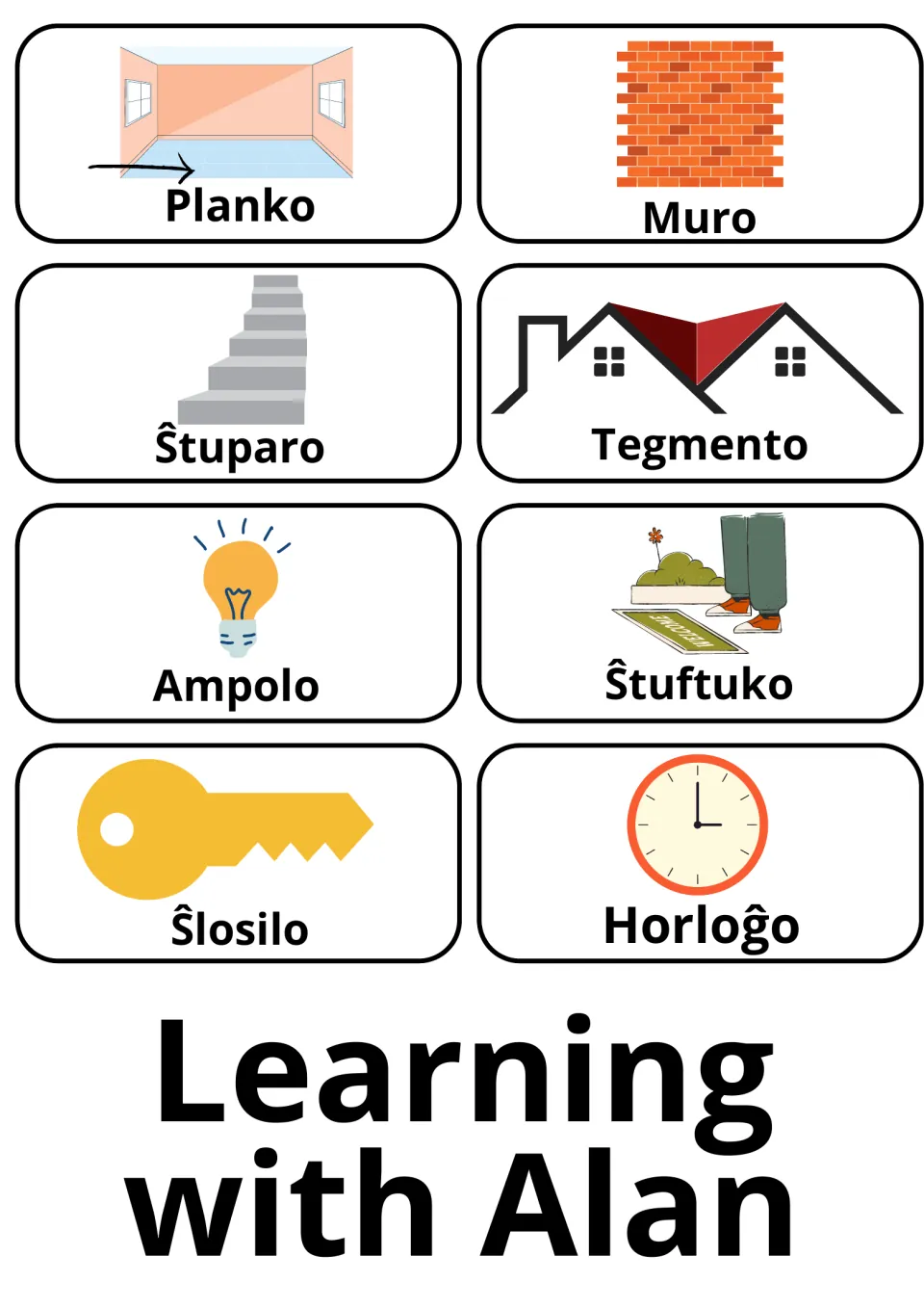 Esperanto flashcards 61–68: Planko (floor), Muro (wall), Ŝlosilo (key) and five more home vocabulary cards