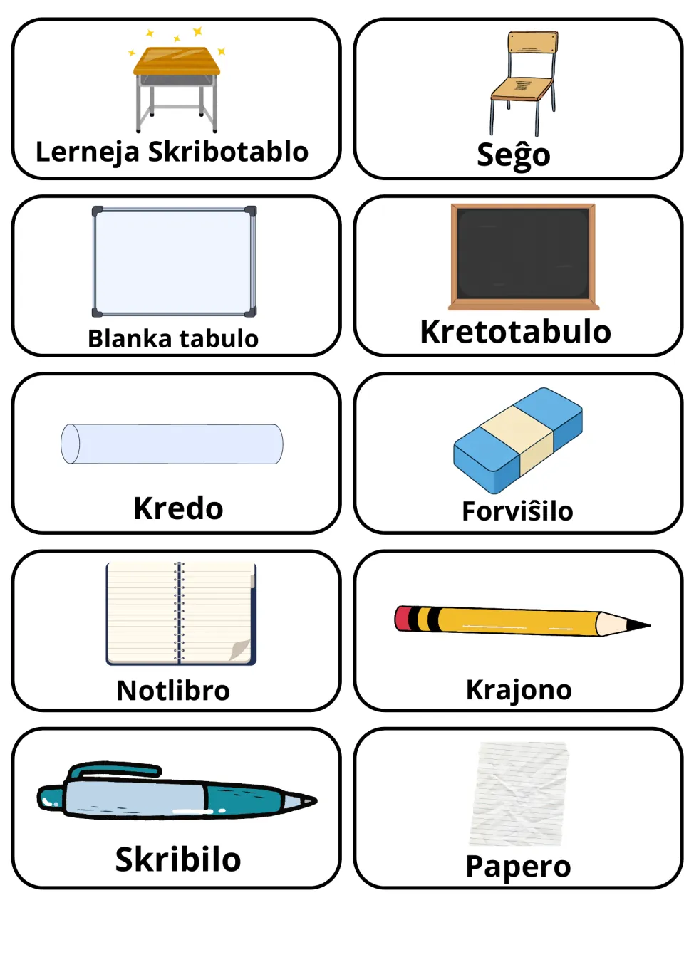 Esperanto classroom objects: 10 picture cards for desk, chair, whiteboard, chalk, eraser, notebook, pencil and paper