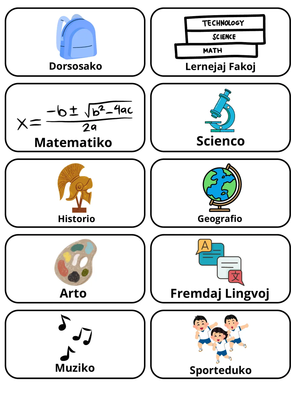 Esperanto school subjects: 10 picture cards from backpack to math, science, history, geography, art, music and sports