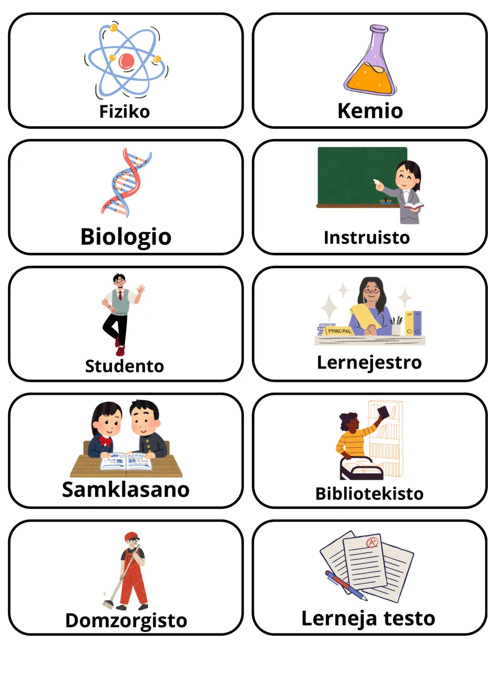 Esperanto school people and sciences: picture cards for physics, chemistry, biology, teacher, principal, librarian and test