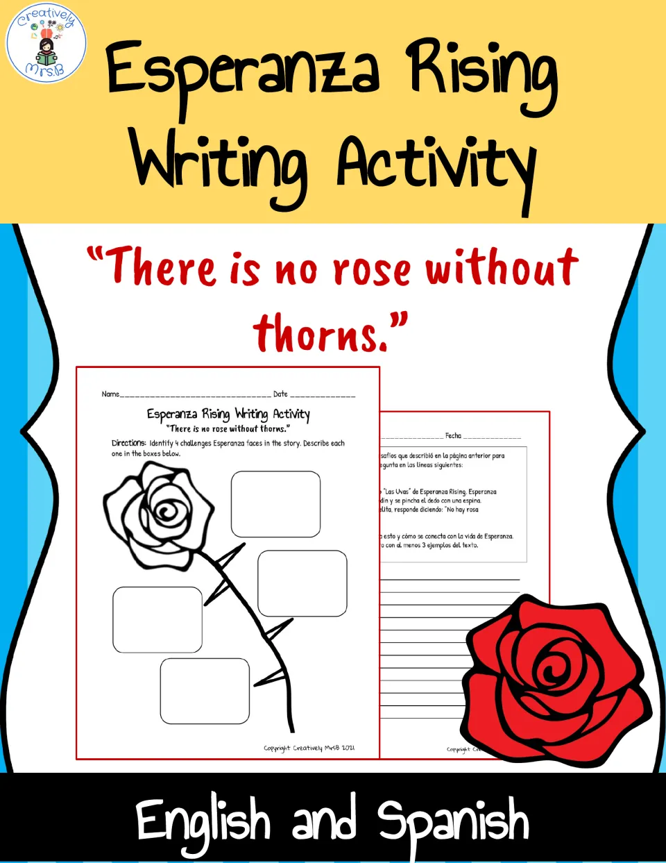 Esperanza Rising writing cover: "There is no rose without thorns" quote, rose art and sample pages in English and Spanish