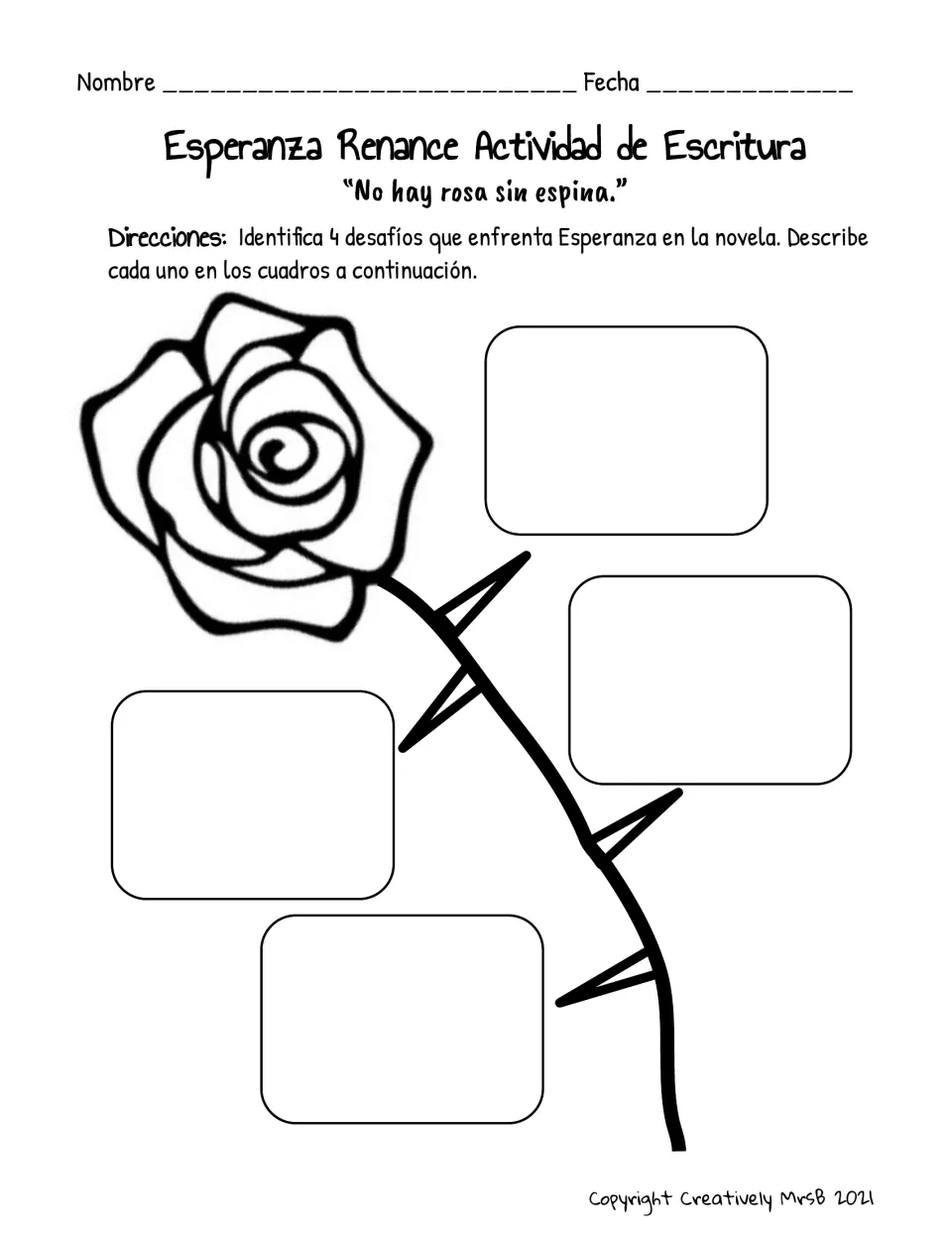 Spanish rose organizer, "No hay rosa sin espina": students identify 4 desafíos Esperanza faces and describe each one
