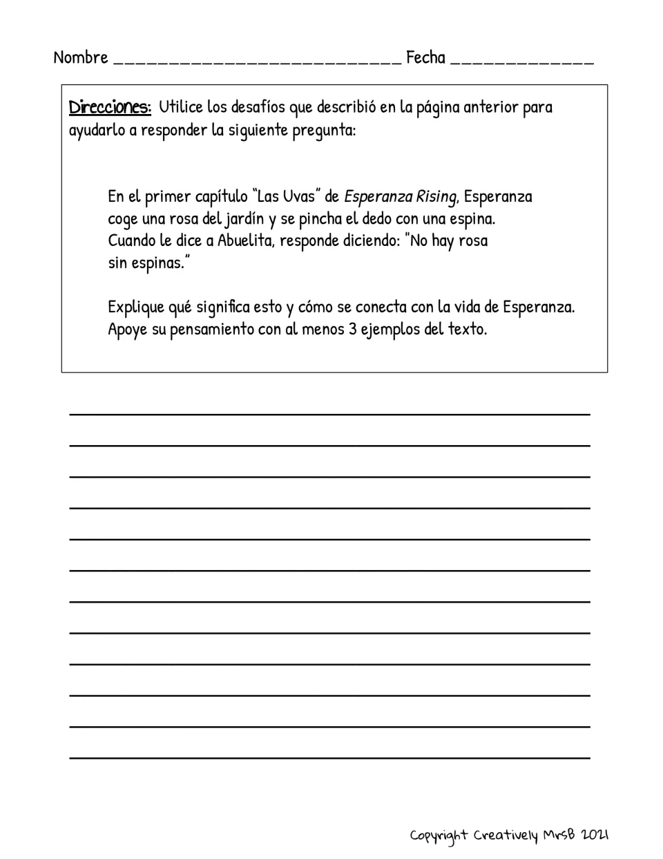 Spanish written response: students explain "No hay rosa sin espinas" from "Las Uvas" and connect it to Esperanza's life