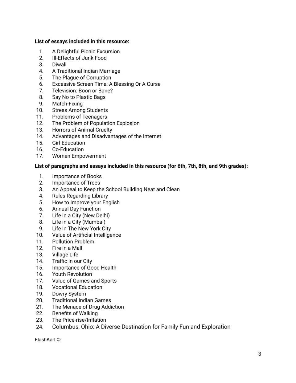 Contents lists 17 essays such as Diwali and Say No to Plastic Bags, plus 24 paragraphs from Importance of Books onward