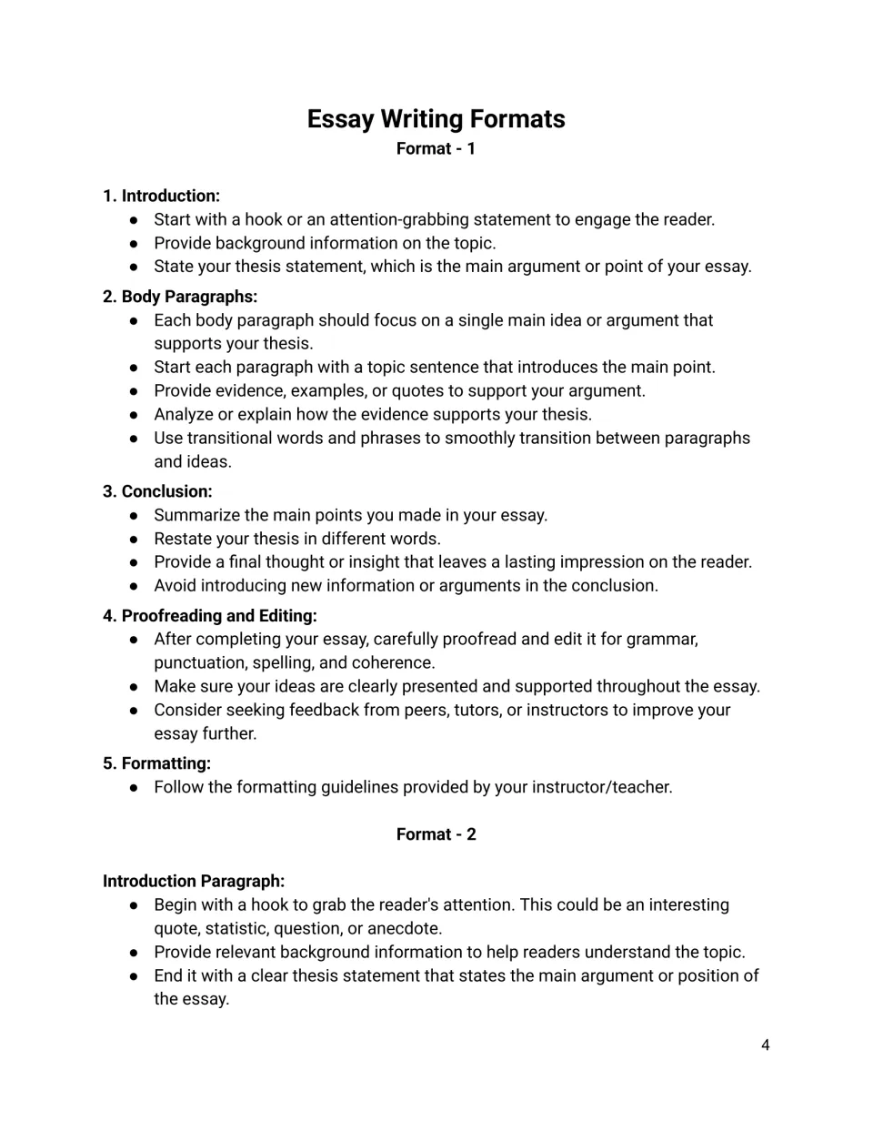 Essay writing formats: Format 1 outlines introduction, body, conclusion, proofreading and formatting steps; Format 2 begins