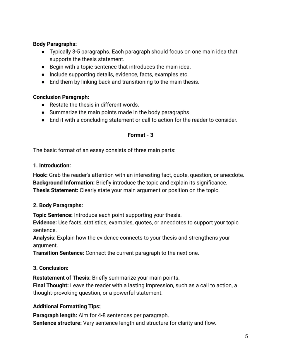 Essay structure guide: Format 3 explains hook, thesis, topic sentence, evidence, analysis, transitions and restating thesis
