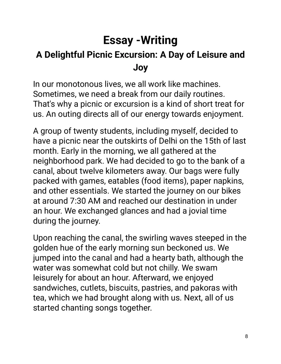 Model narrative essay A Delightful Picnic Excursion: students read about a picnic of twenty students by a canal near Delhi