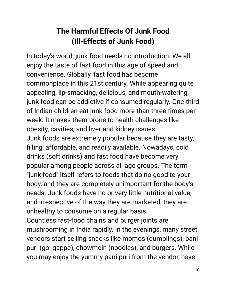 Model essay The Harmful Effects Of Junk Food: opening paragraphs on fast food popularity and health risks for children