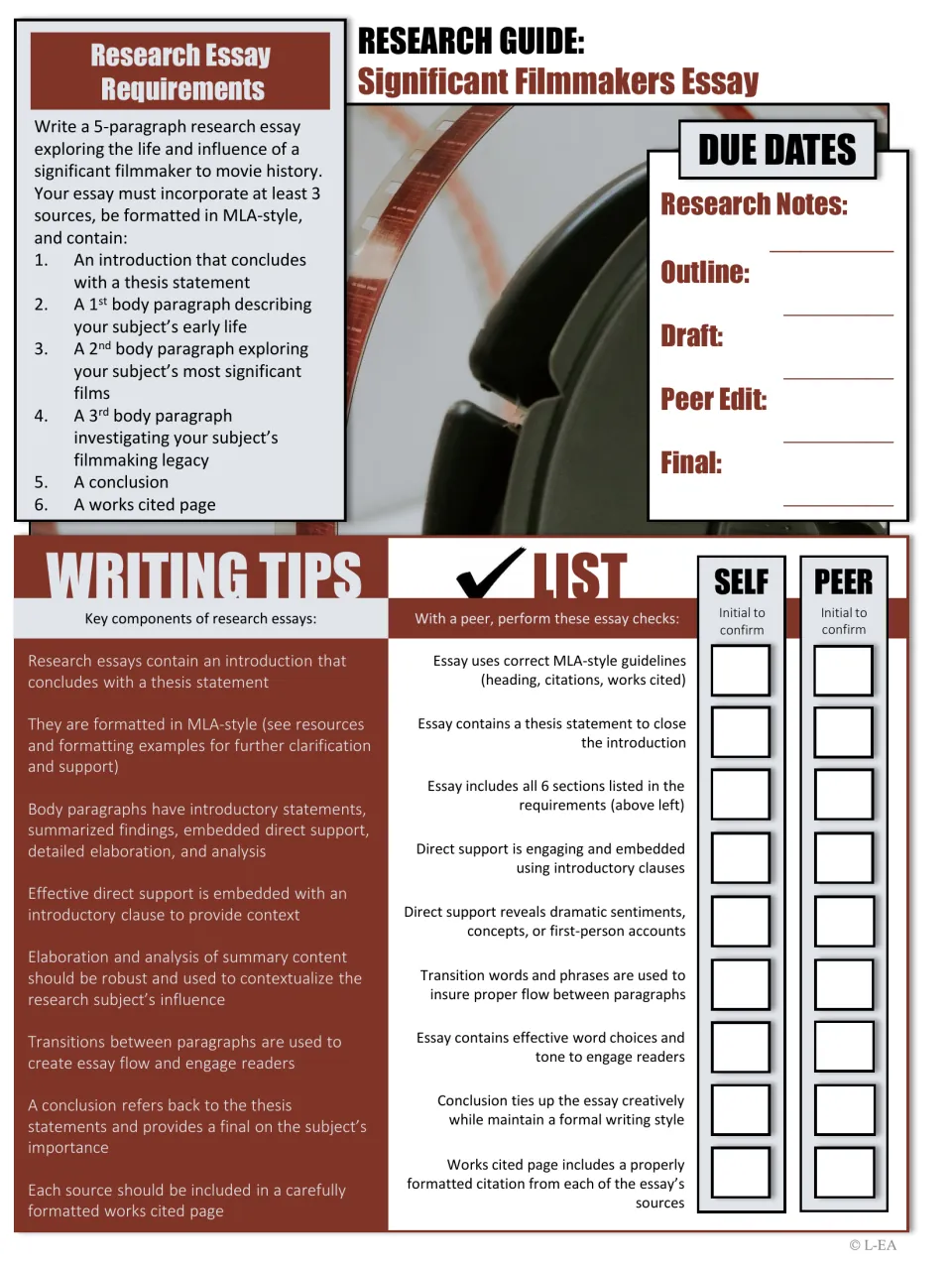 Filmmaker research essay guide: 5-paragraph MLA requirements, due dates, writing tips and a self and peer essay checklist