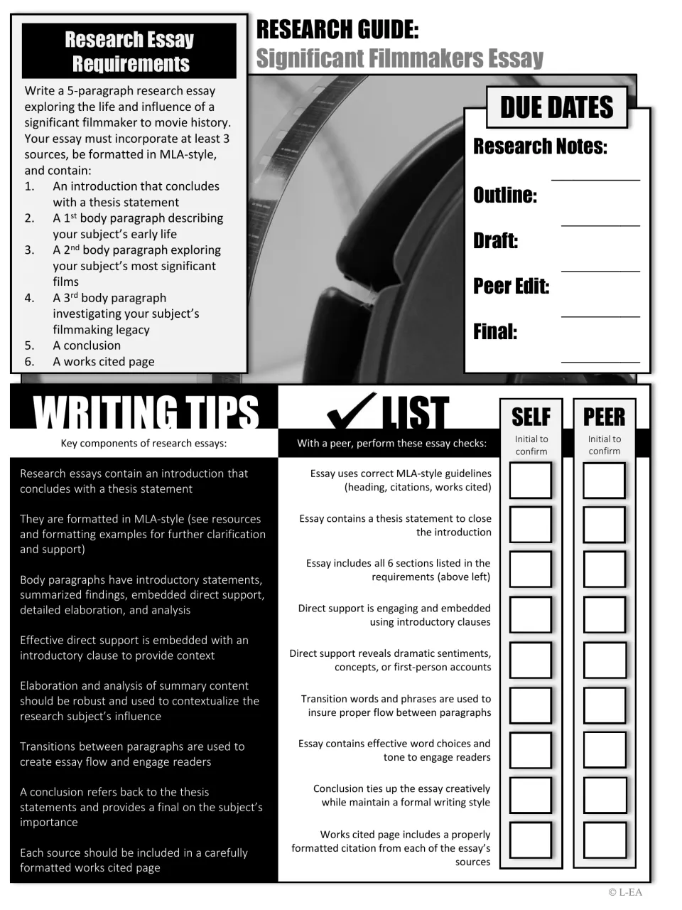 Black-and-white essay guide listing the 6 required essay sections, due date blanks, writing tips and a peer checklist