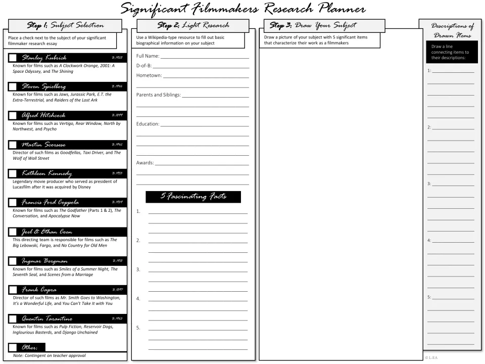Black-and-white research planner: students check one of ten subjects, fill in light research and list 5 fascinating facts