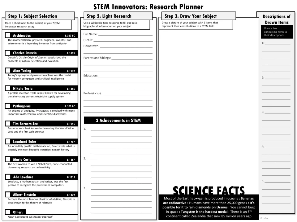 Black-and-white planner includes STEM subject choices, biography facts, three achievements, and drawing