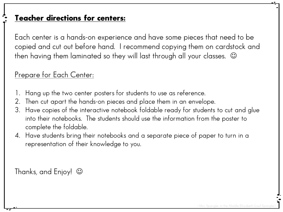 Teacher directions for centers: copy on cardstock, hang the two posters, put cut pieces in envelopes, prep foldables