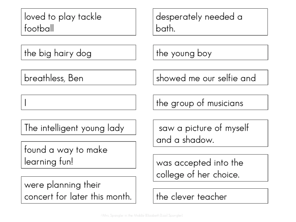 Complete sentences matching cards: 14 subject and predicate strips such as the big hairy dog and desperately needed a bath