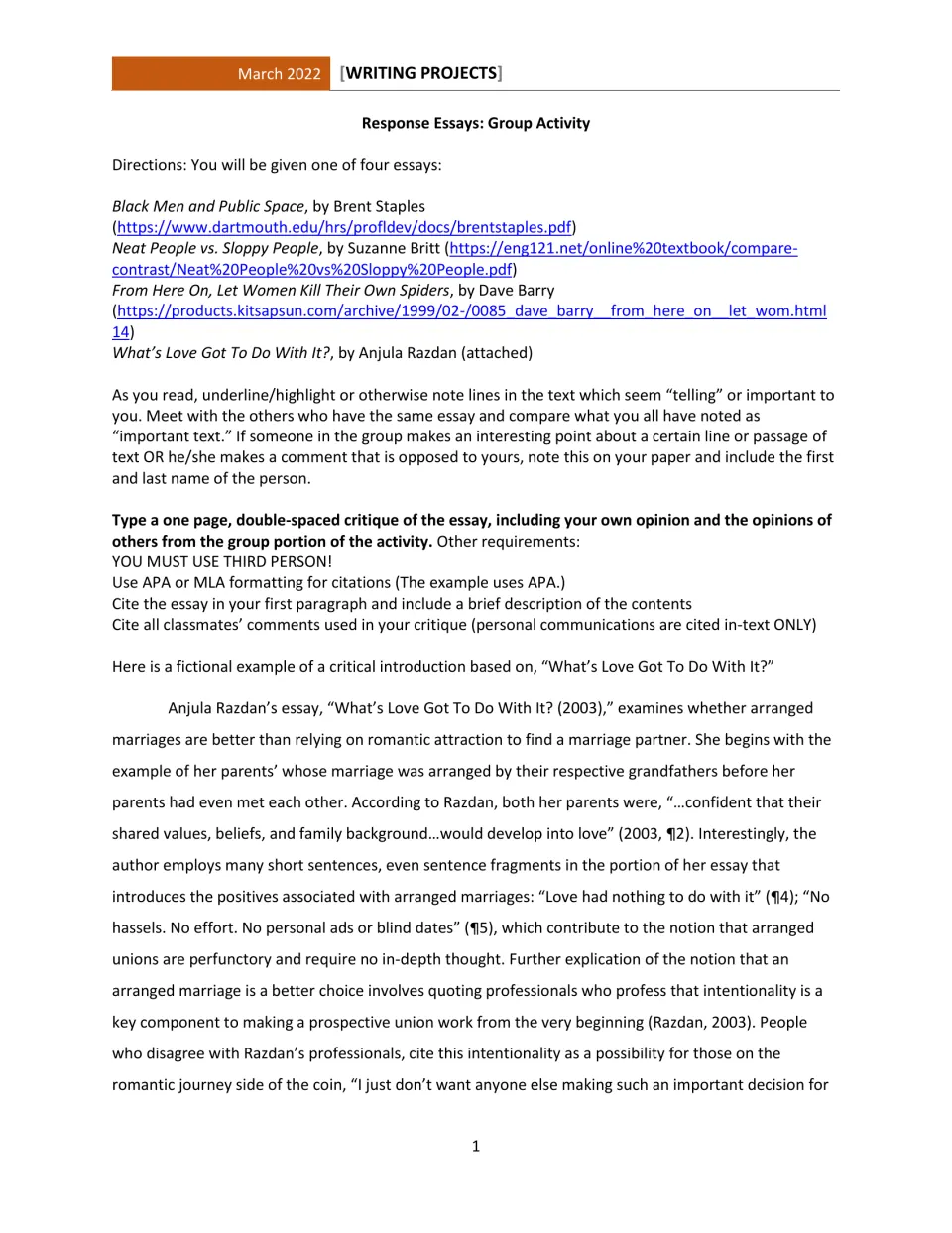Group response directions list four essay choices, require a one-page critique, and begin a sample introduction