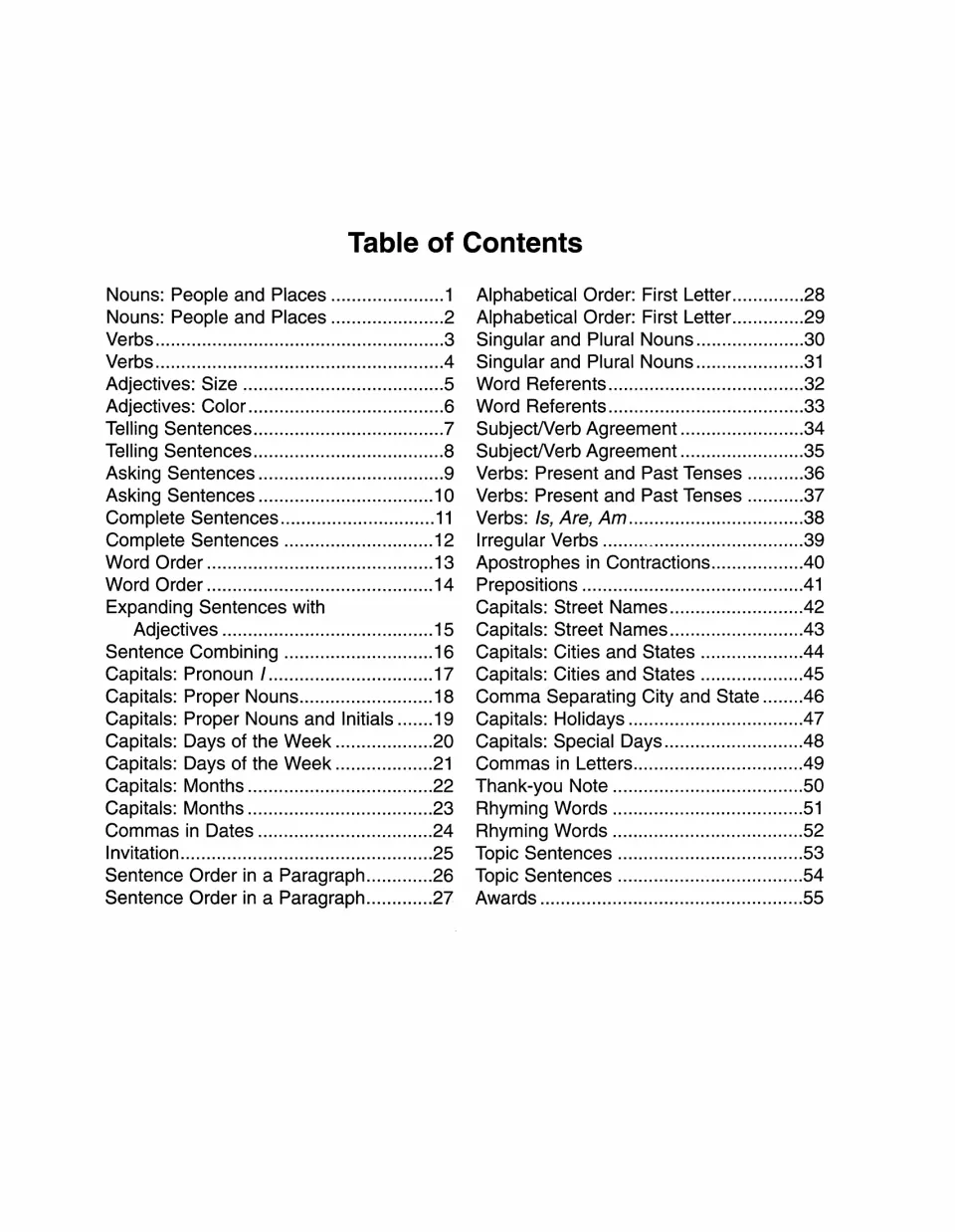 Workbook table of contents listing nouns, verbs, sentence skills, capitalization, and awards on page 55