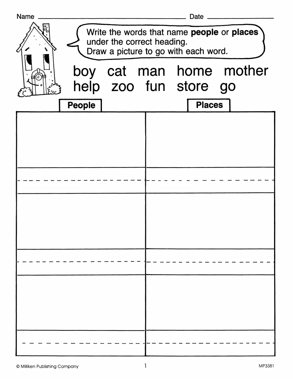 Noun activity 1 asks students to sort boy, man, mother, home, zoo, and store as people or places and draw