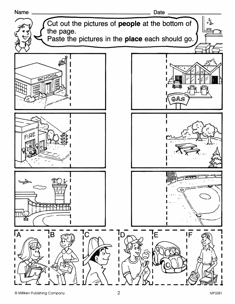 Noun activity 2 asks students to cut out six people pictures and match them to school and five other places