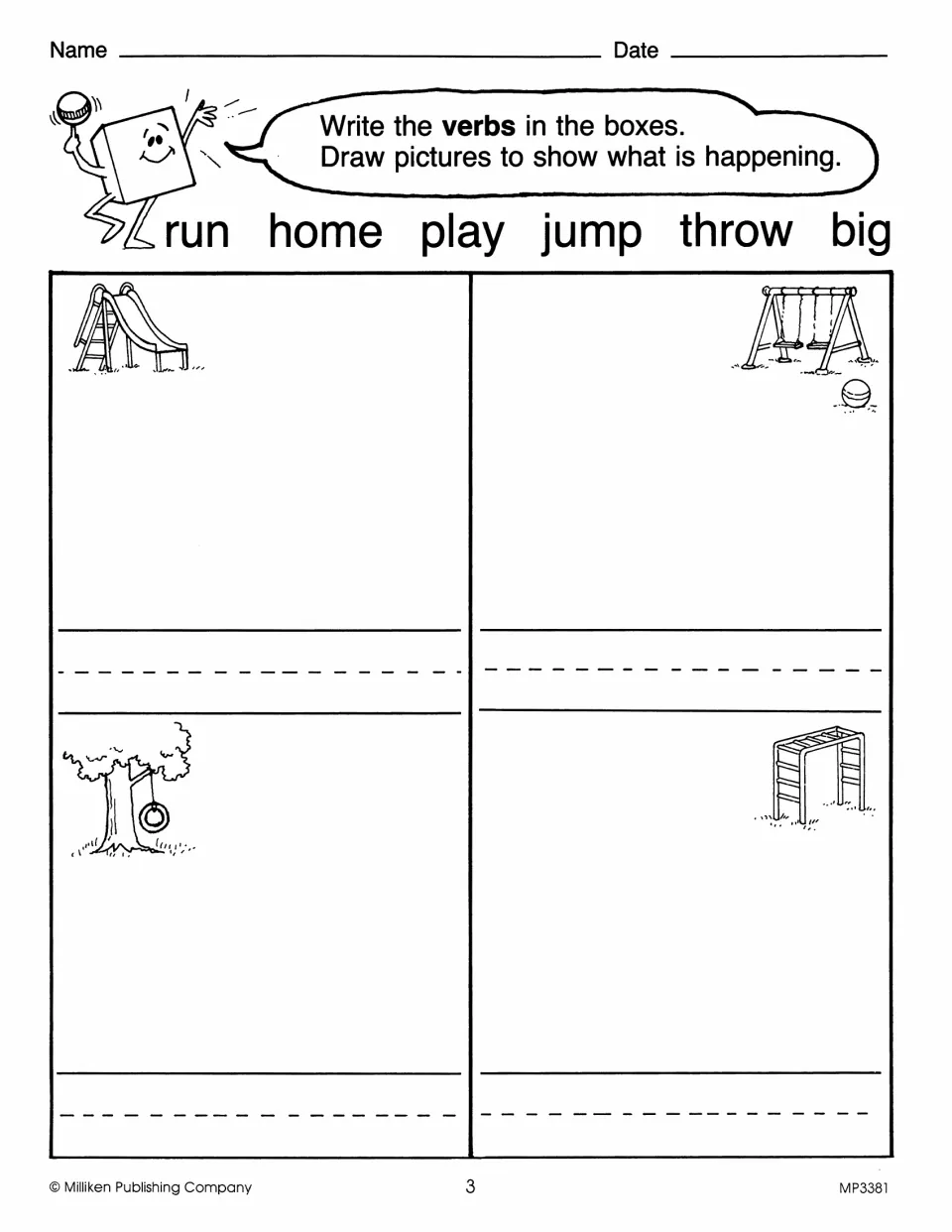 Verb activity 3 asks students to select action words from run, home, play, jump, throw, and big and draw