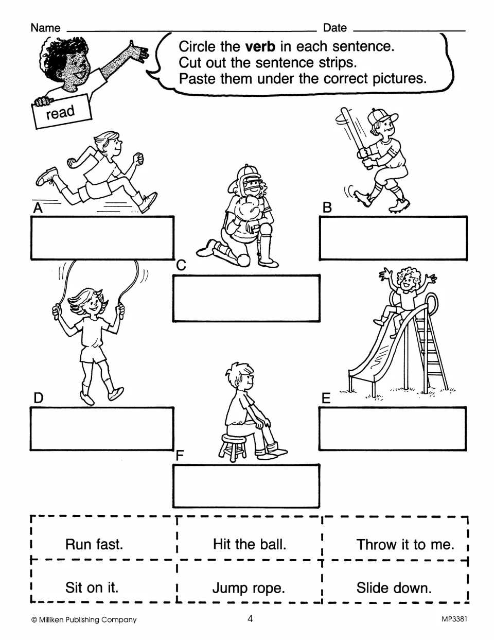 Verb activity 4 asks students to circle verbs in six sentence strips, then cut and paste to match pictures