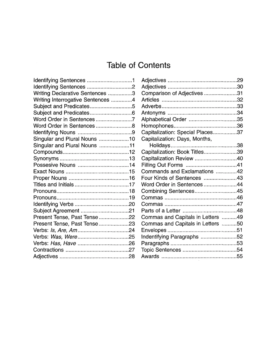 Table of contents listing sentence practice, nouns, verbs, capitalization, letters, paragraphs, and awards
