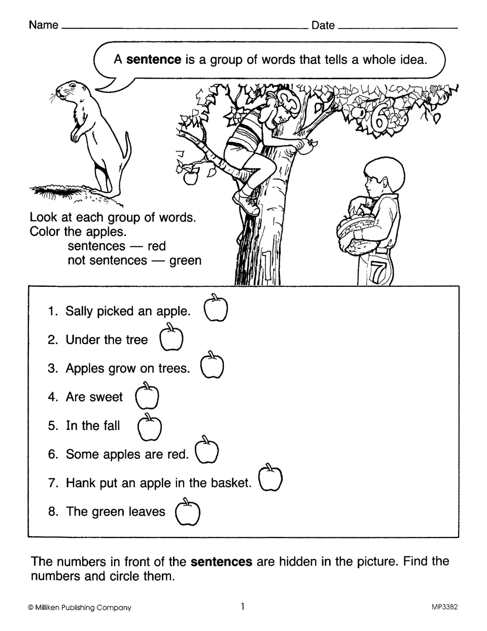Sentence identification practice: color apples red for sentences and green for fragments, then find numbers
