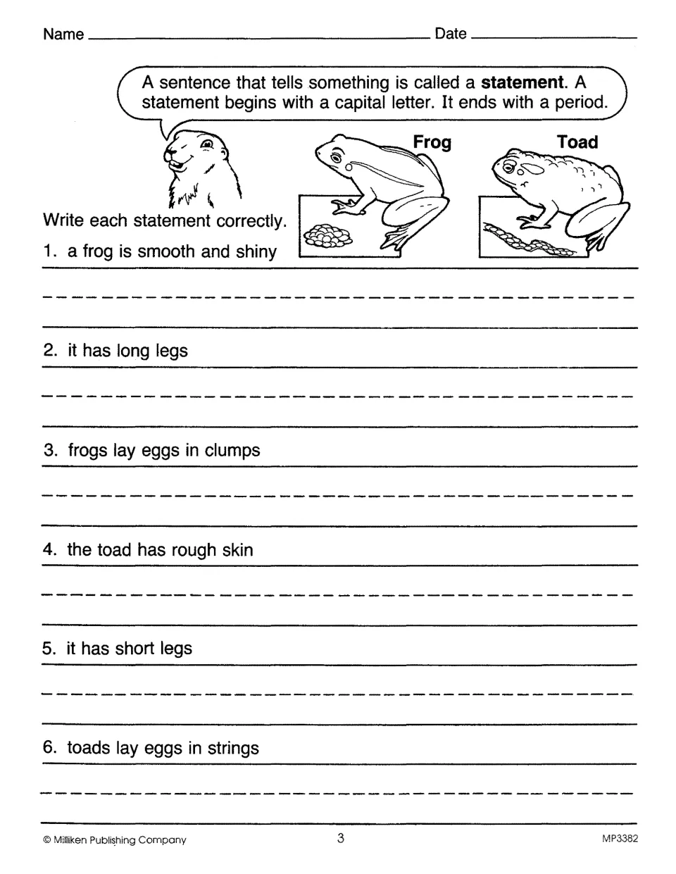 Statement writing practice: correct capitals and periods in six sentences comparing frogs and toads