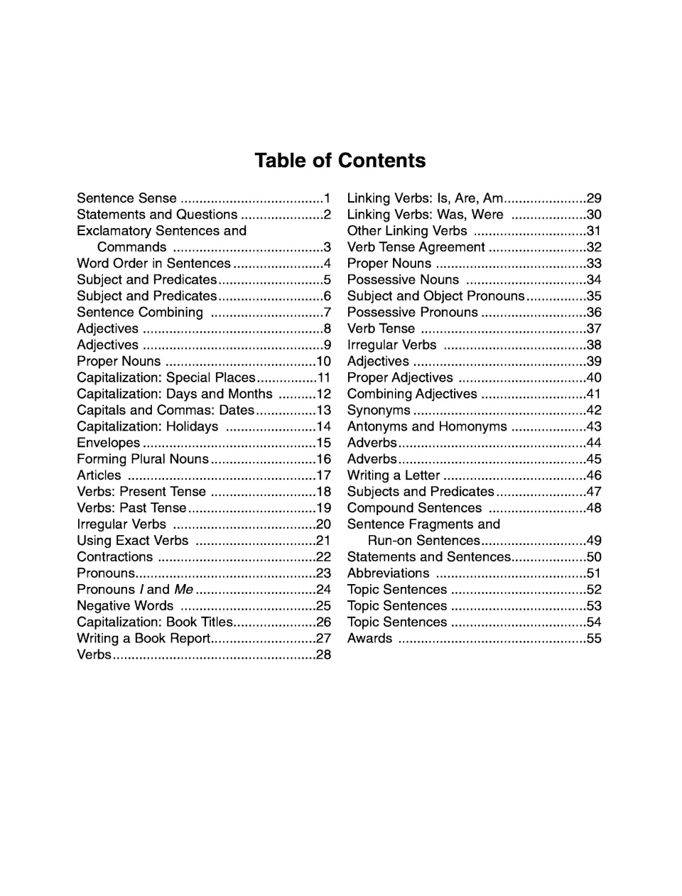 Workbook contents list sentence skills, parts of speech, capitalization, and writing topics across pages 1–55