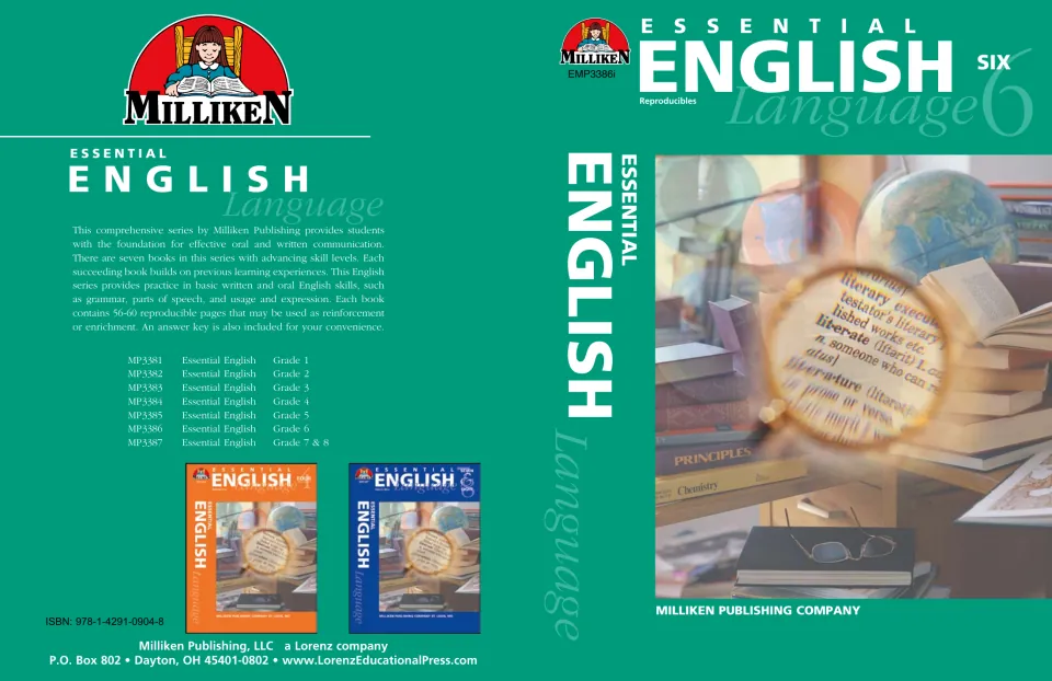 Essential English Grade 6 cover: Milliken language reproducibles with a magnifying glass resting on a stack of books