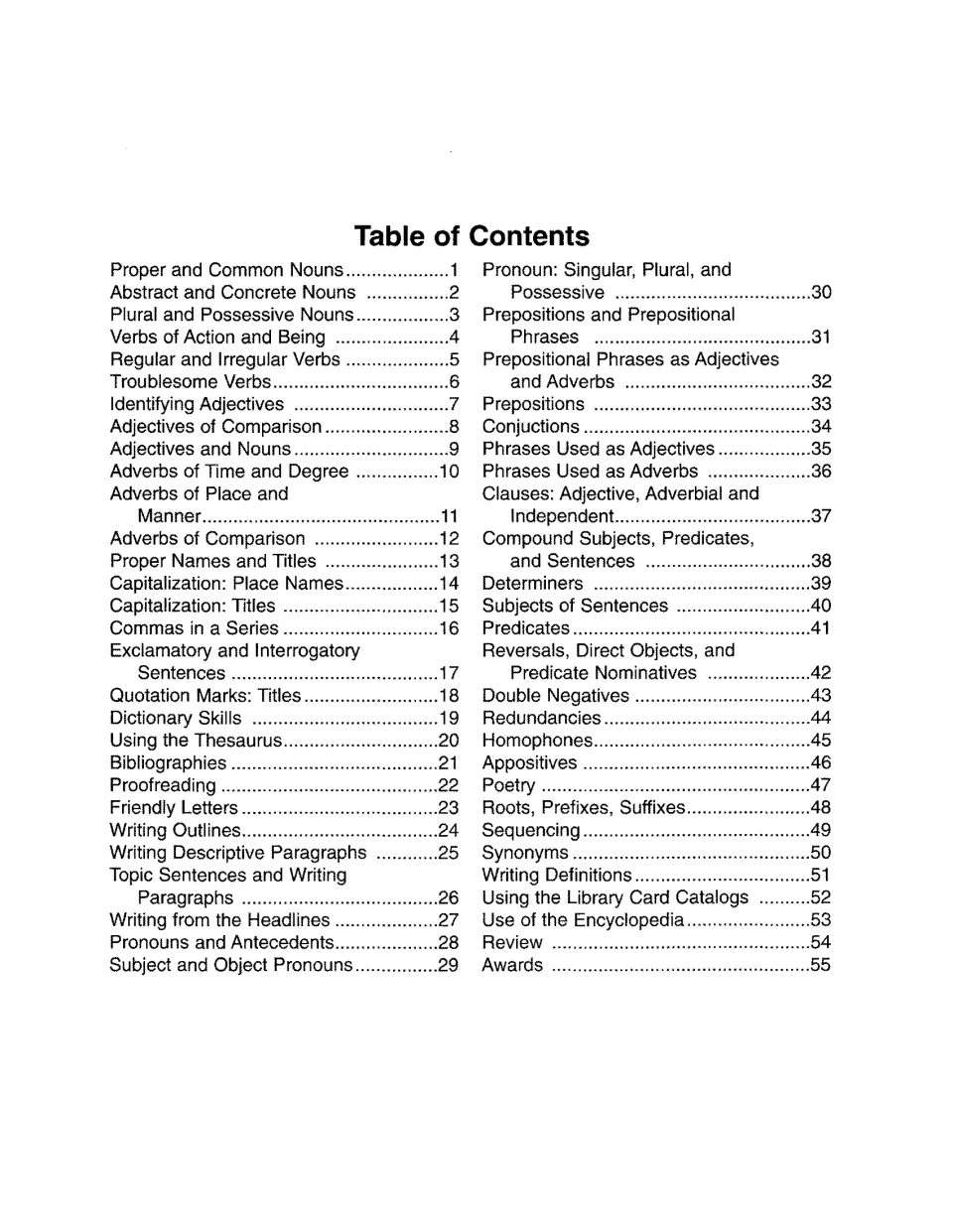 Table of contents listing grammar, usage and writing lessons, from proper and common nouns to the encyclopedia