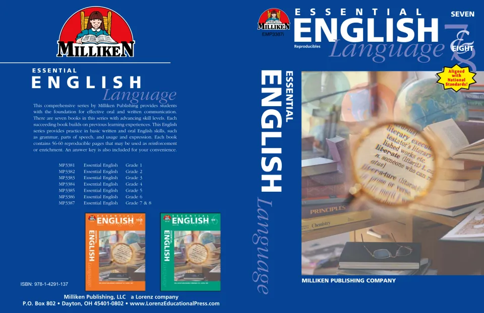 Essential English - Grades 7-8 workbook cover identifying Milliken Publishing and reproducible materials
