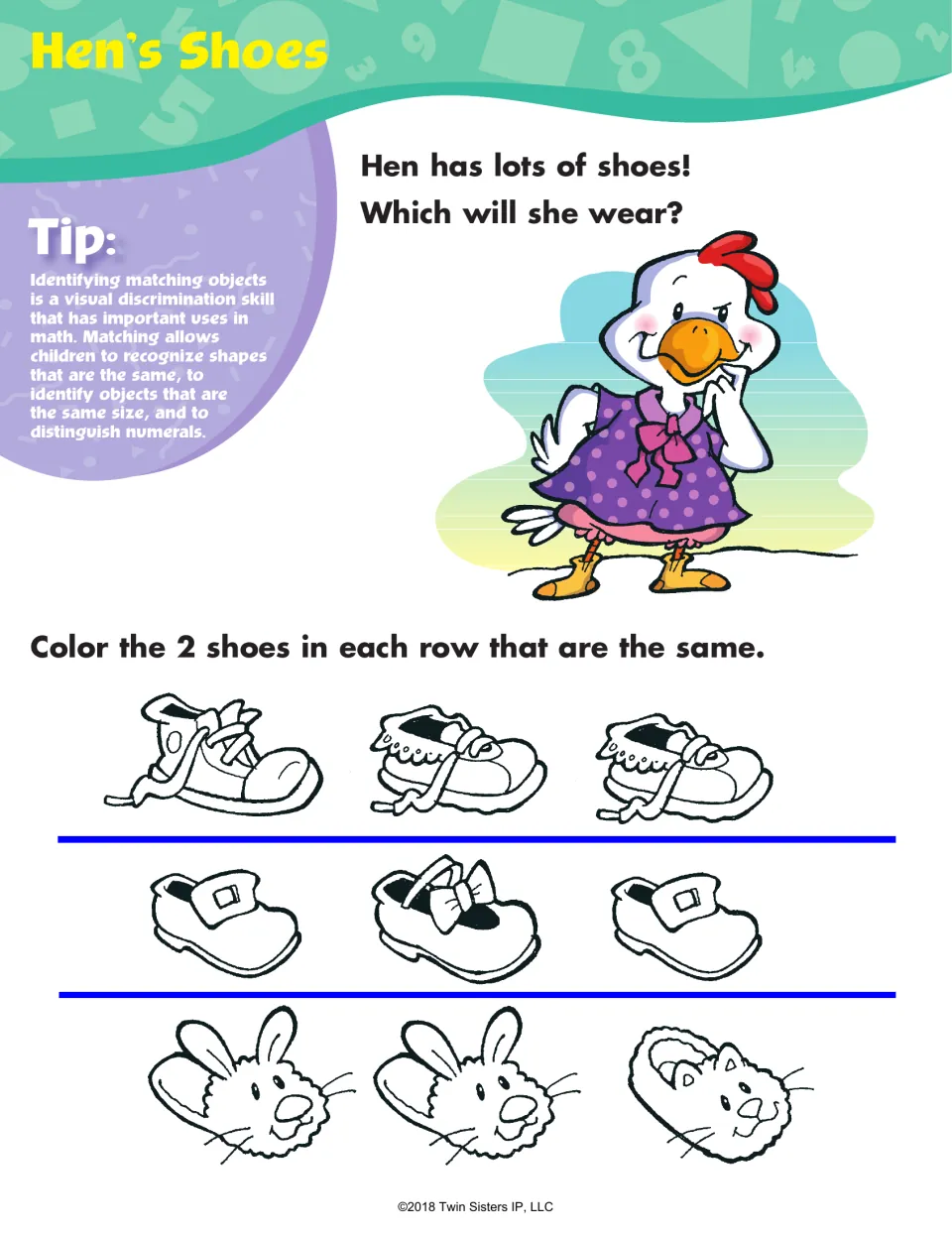 Hen's Shoes matching: students color the 2 identical shoes in each row of sneakers, buckle shoes and bunny slippers