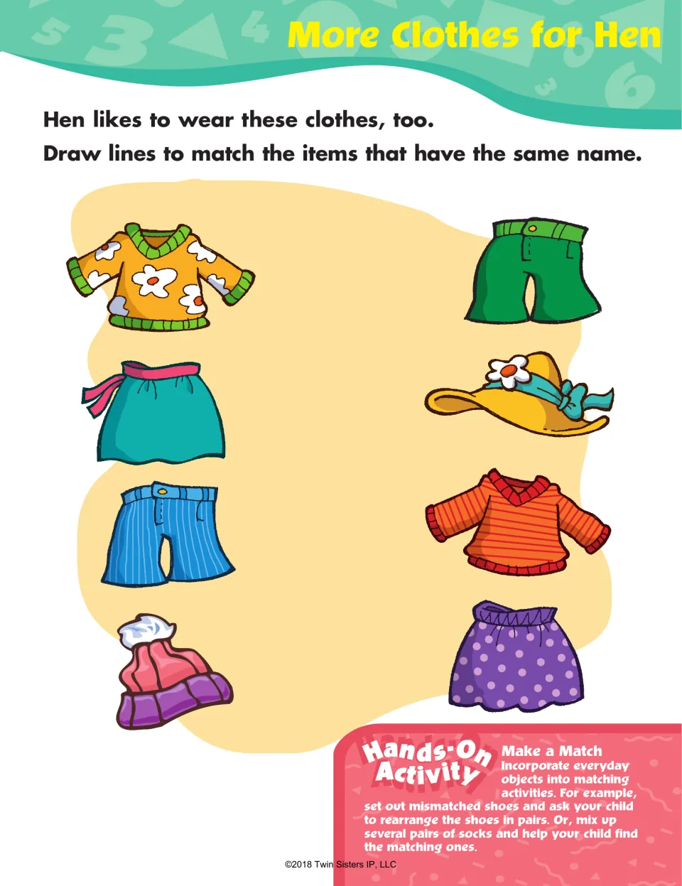 More Clothes for Hen: students draw lines to pair shirts, skirts, shorts and hats that share the same name