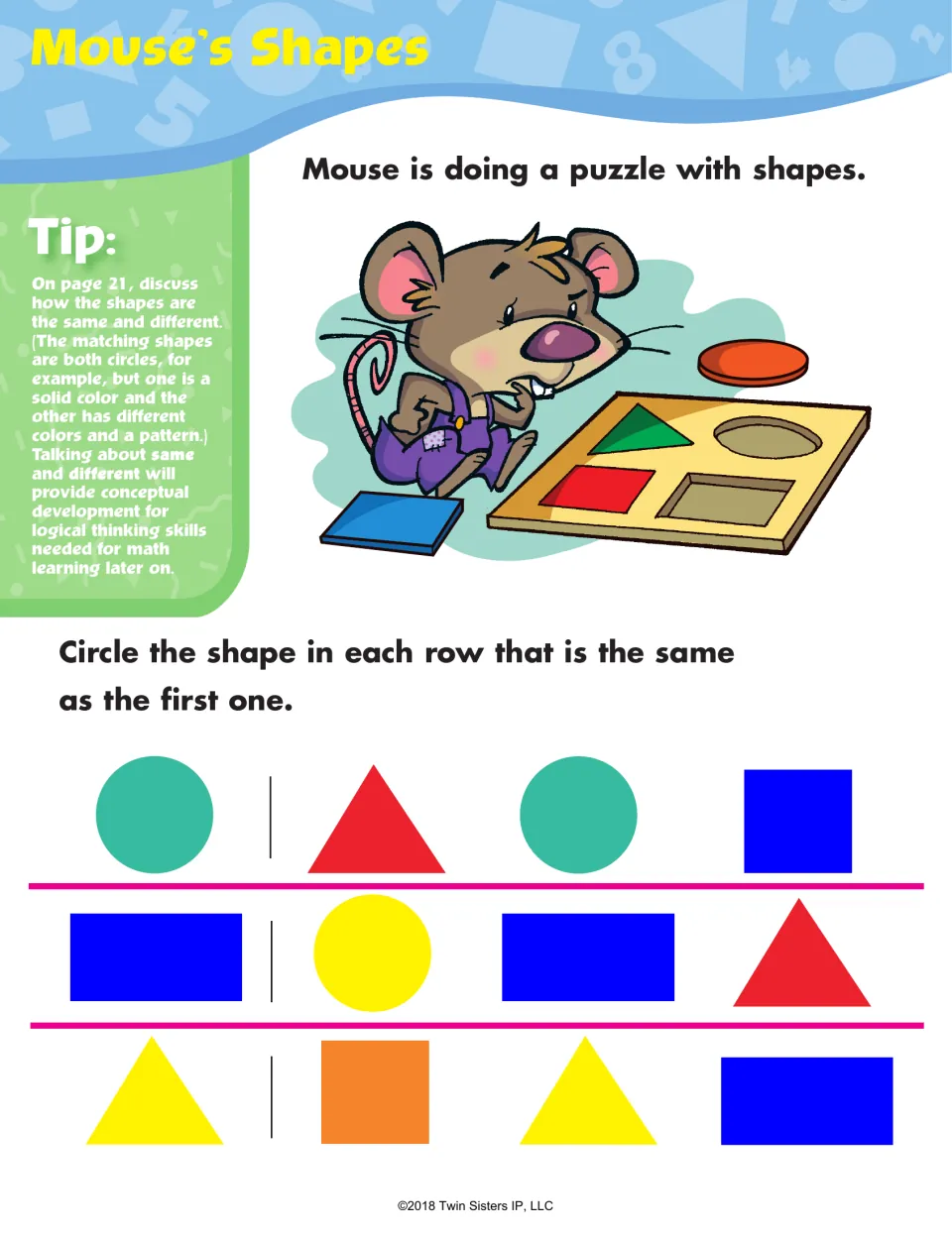 Mouse's Shapes: students circle the shape in each row that matches the first one, a circle, a rectangle and a triangle