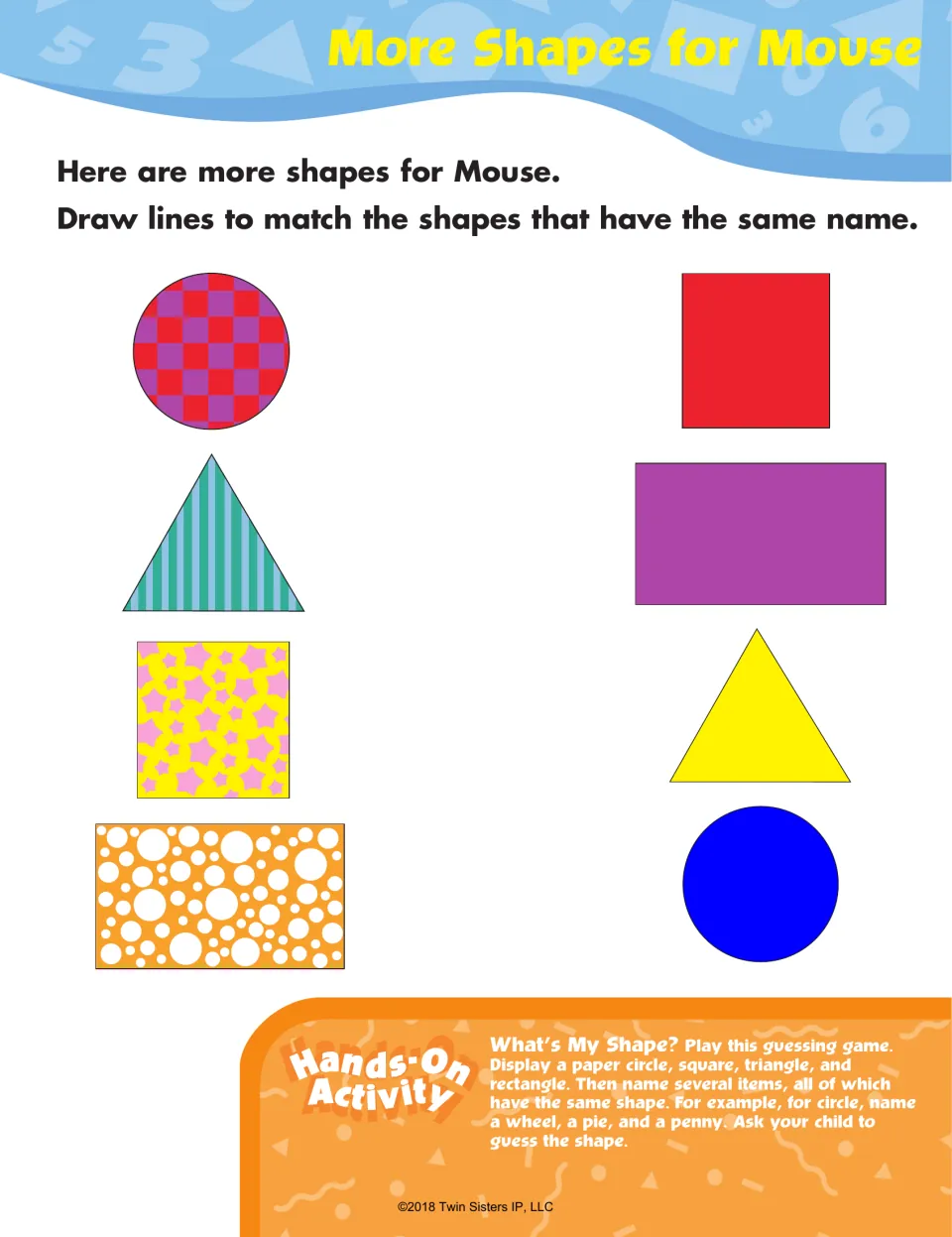 More Shapes for Mouse: students match a patterned circle, triangle, square and rectangle to solid shapes of the same name